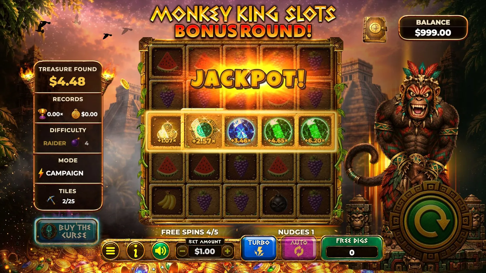 In-game: Monkey King Slots bonus round with a jackpot on the centre row